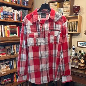 Western Style Red & White Plaid Button-Down Shirt